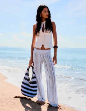 Pantalon en lin mélangé à rayures